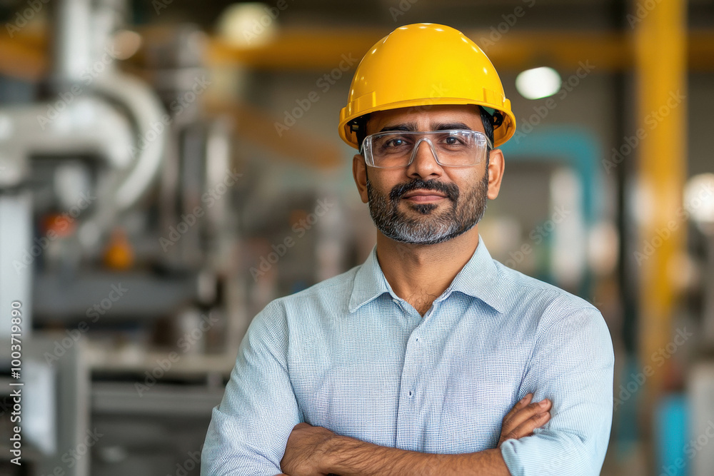 Indian male worker wearing a safety helmet and glasses Indian male worker wearing a safety helmet and glasses
