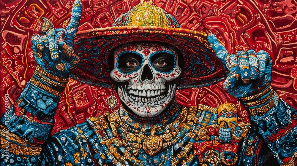 A skeleton dons a sombrero, holding one in each hand - one with a peace sign A skeleton dons a sombrero, holding one in each hand - one with a peace sign