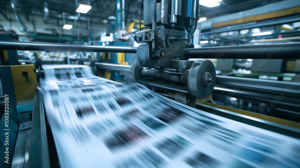 Fototapeta premium Printing press in action at a commercial printing facility during the day showing a rapid flow of printed materials on the conveyor belt