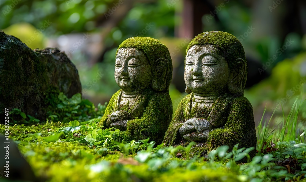 Lush green moss covering the bottom of an ancient Buddhist statue,Generative AI Lush green moss covering the bottom of an ancient Buddhist statue,Generative AI
