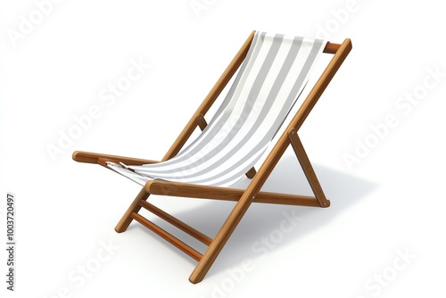 Simple wooden deck chair with striped fabric.