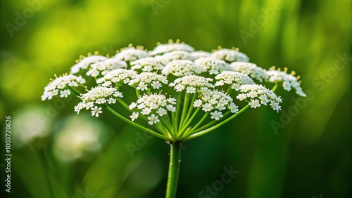 White wild cicuta virosa flower in green background with hemlock branch and tiny white flowers in summer, closeup of deadly plant photo