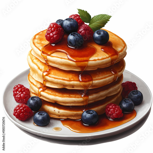 Stack of pancakes with berries and syrup photo