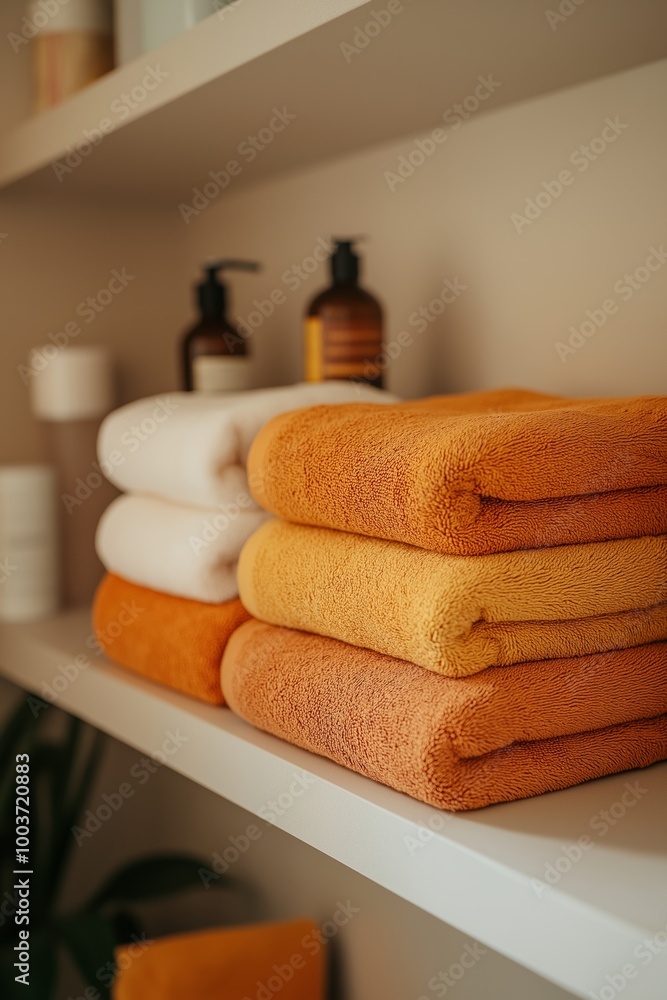 Stacked orange, yellow, and white towels neatly placed on a bathroom shelf with toiletries Stacked orange, yellow, and white towels neatly placed on a bathroom shelf with toiletries