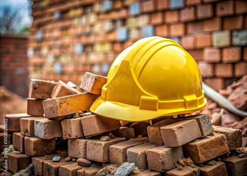 A yellow helmet lies abandoned on a pile of heavy bricks in a construction site, symbolizing the plight of child laborers on a somber workday.