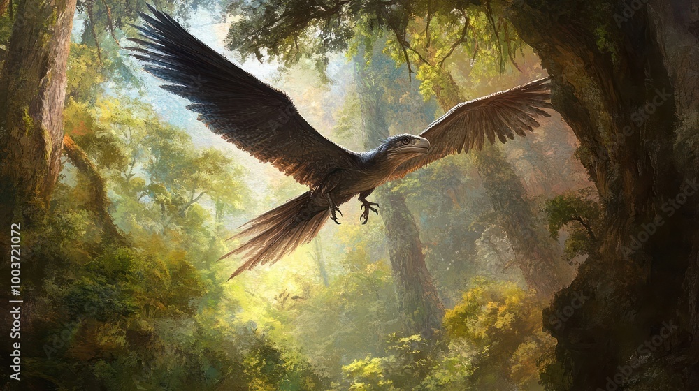 Fototapeta premium A large bird of prey soars through a lush forest.
