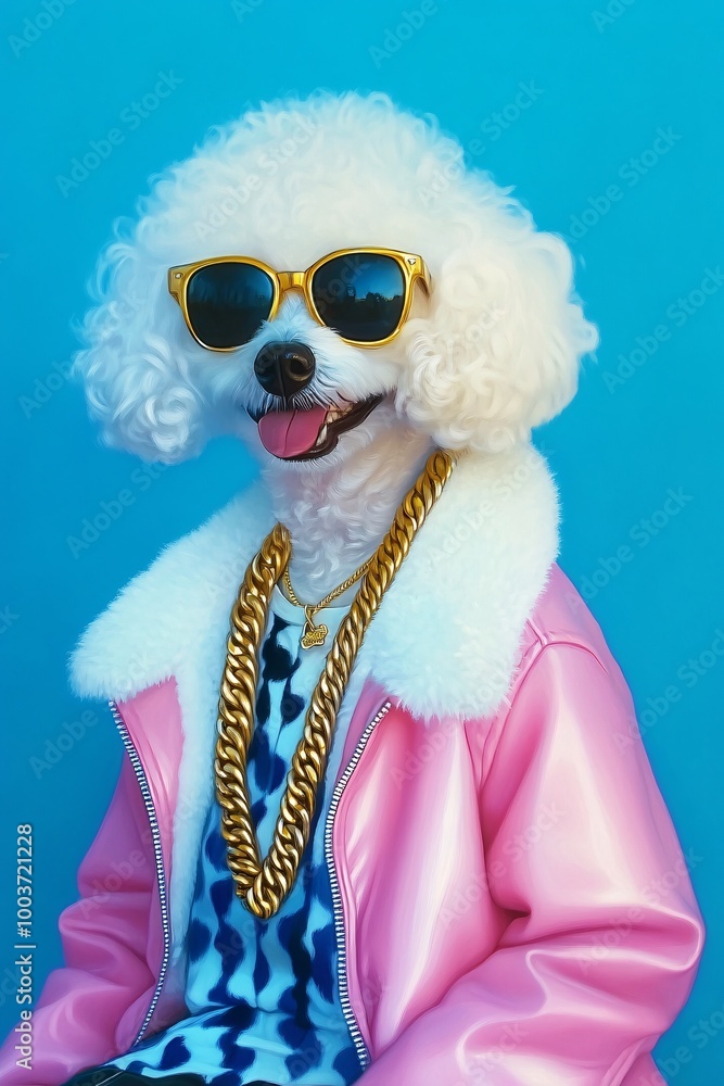 A Bichon Frise wearing a pink leather jacket with a blue tuxedo print, white fur, a gold chain necklace, and sunglasses, set against a blue background A Bichon Frise wearing a pink leather jacket with a blue tuxedo print, white fur, a gold chain necklace, and sunglasses, set against a blue background
