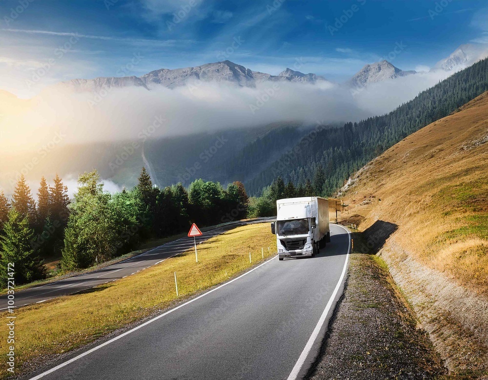 Truck on the road in the foggy mountains, landscape Truck on the road in the foggy mountains, landscape