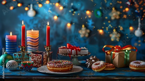  A cozy Hanukkah table adorned with lit candles, traditional donuts, colorful dreidels, and holiday gifts, with a blue backdrop creating a peaceful holiday atmosphere 
 photo