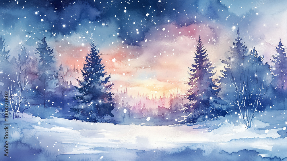 雪降る冬の森と幻想的な夜明けの風景 雪降る冬の森と幻想的な夜明けの風景
