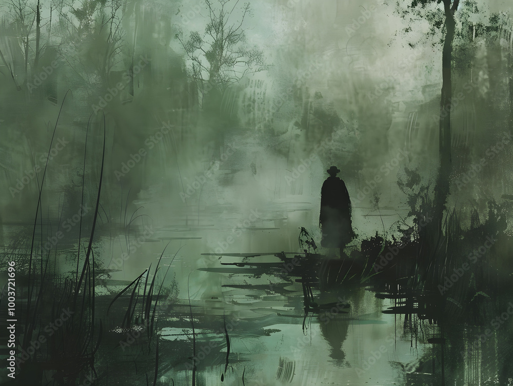 Mysterious silhouette stands among dense fog in spooky, dimly lit swamp on a misty night. Mysterious silhouette stands among dense fog in spooky, dimly lit swamp on a misty night.