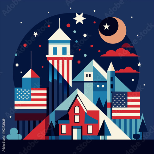 Illustration of a city with American flags and a crescent moon