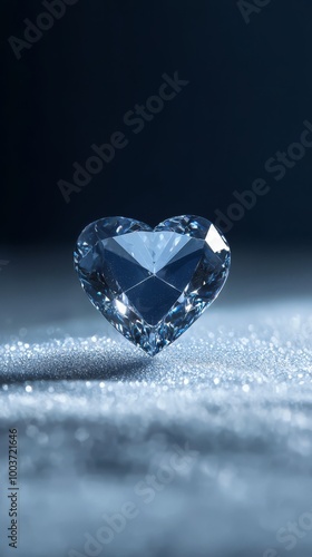  A heart-shaped blue diamond rests atop asilver tablecloth-covered table, with water droplets adorning its surface photo