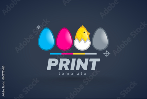 Logo Print СMYK Chick and eggs. Template design vector. Black background.