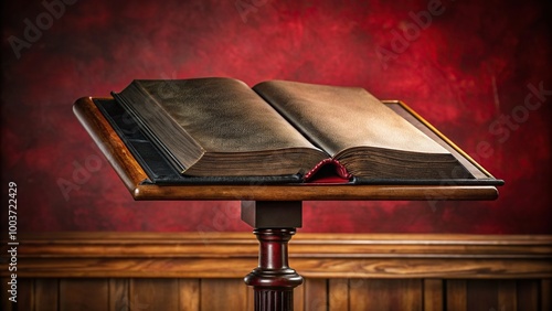 Vintage black leather Holy Bible with Apocrypha inscribed in gold displayed on a crimson lectern, bible, lectern, Holy Bible, vintage, Apocrypha, gold inscription