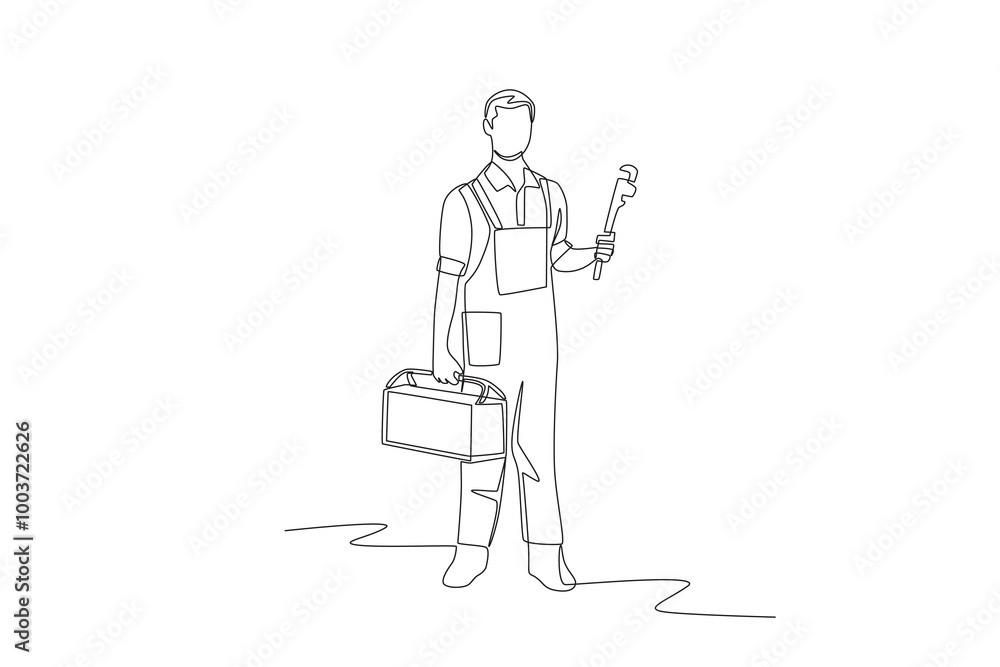 Plumber with pipe wrench and toolbox. Plumber concept one-line drawing Plumber with pipe wrench and toolbox. Plumber concept one-line drawing