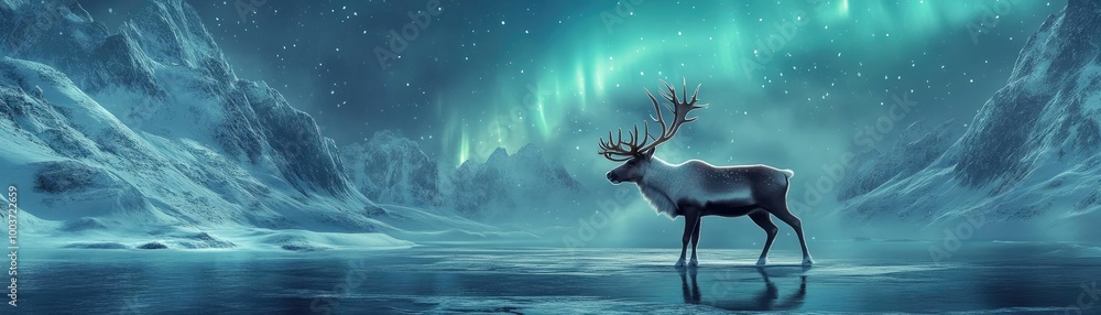 A majestic reindeer stands under the mesmerizing northern lights in a serene winter landscape, showcasing nature's vibrant beauty. A majestic reindeer stands under the mesmerizing northern lights in a serene winter landscape, showcasing nature's vibrant beauty.