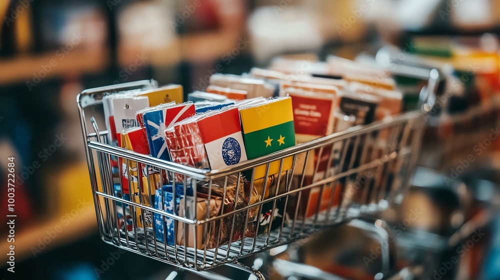 A shopping basket filled with various international cards, showcasing diverse cultures and travel destinations. A shopping basket filled with various international cards, showcasing diverse cultures and travel destinations.