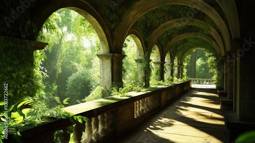 Overgrown Arched Balcony Bathed in Sunlight, Surrounded by Lush Nature, Evoking Serenity and Solitude