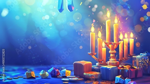  A realistic Hanukkah background with a detailed menorah lit with glowing candles, set against a soft blue background, surrounded by traditional elements like dreidels and gelt 
 photo