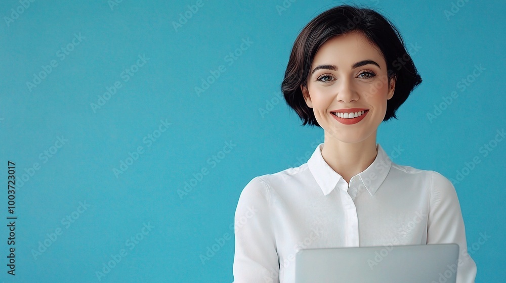 Happy Woman Holding Laptop on Blue Background Happy Woman Holding Laptop on Blue Background