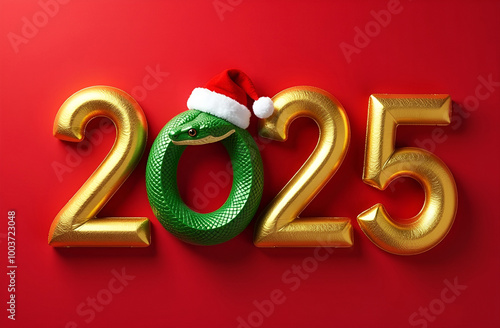 2025 numbers and a green snake  as a symbol of chinese new year. Golden numbers and a Santa hat on the snake's head. Red  background. photo