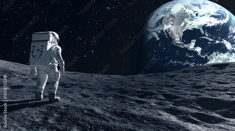 Obraz premium Astronaut Neil Armstrong, spacewalk on the Moon surface watching planet Earth from space. 