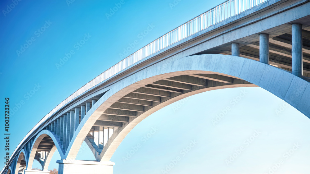 A modern curved arch bridge crosses a busy highway, showcasing a sleek steel structure against a bright blue sky during daytime A modern curved arch bridge crosses a busy highway, showcasing a sleek steel structure against a bright blue sky during daytime