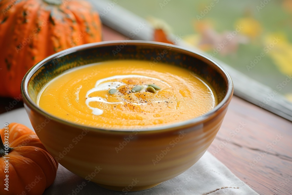 Pumpkin soup in bowl on wooden table. Creamy blended soup with orange color. Carrot and pumpkin ingredients. Clean and natural food dish for fall season. Healthy and tasty soup for autumn. Pumpkin soup in bowl on wooden table. Creamy blended soup with orange color. Carrot and pumpkin ingredients. Clean and natural food dish for fall season. Healthy and tasty soup for autumn.