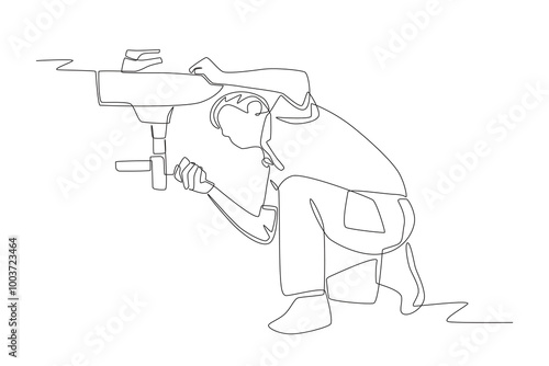 Plumber checking pipe flow. Plumber concept one-line drawing