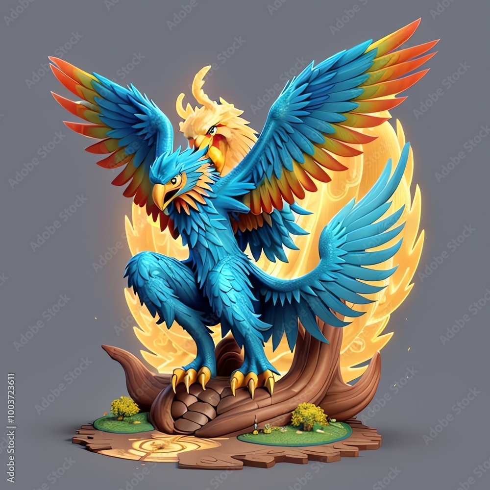 Fototapeta premium a blue dragon with a yellow tail sits on a tree branch.