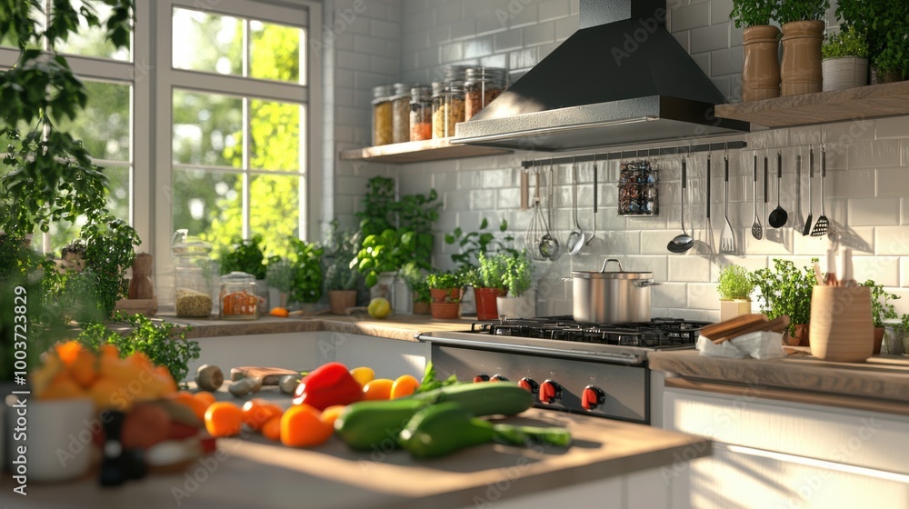 3D effect of a stylish kitchen with vibrant vegetables on the counter, detailed cooking 3D effect of a stylish kitchen with vibrant vegetables on the counter, detailed cooking