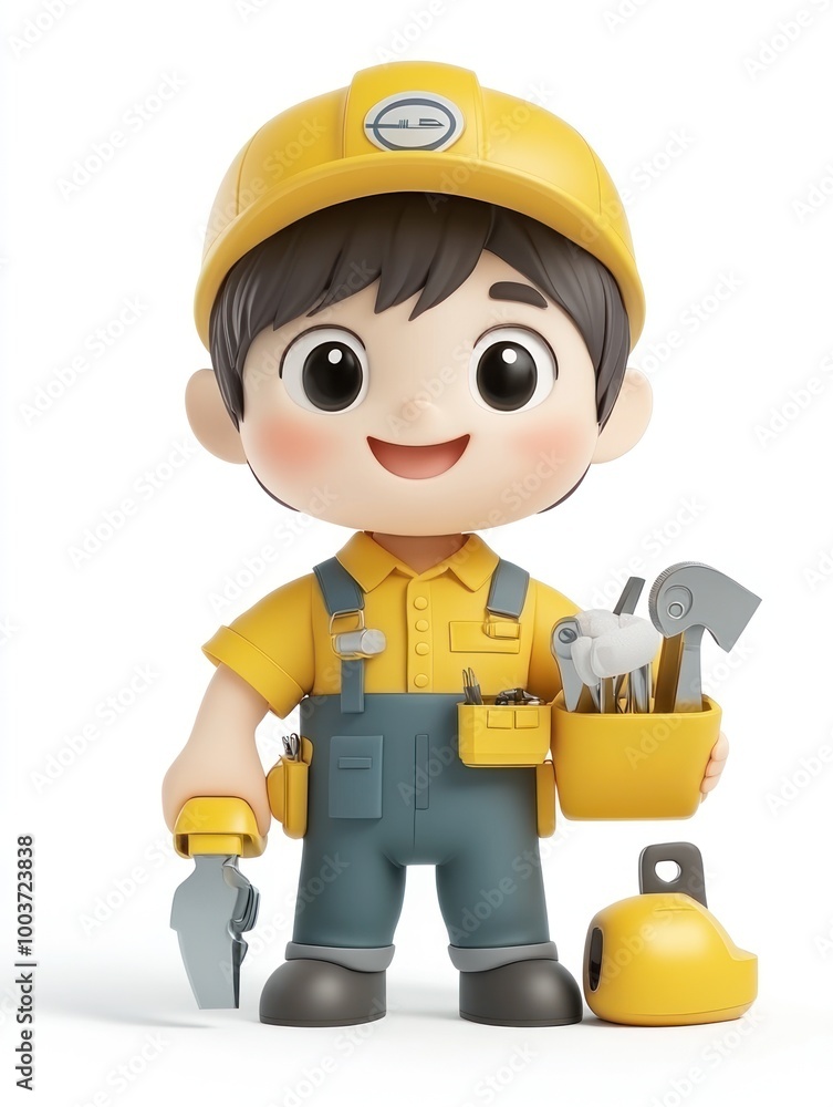 A cheerful cartoon worker holding tools in a toolbox, representing construction and repair. A cheerful cartoon worker holding tools in a toolbox, representing construction and repair.