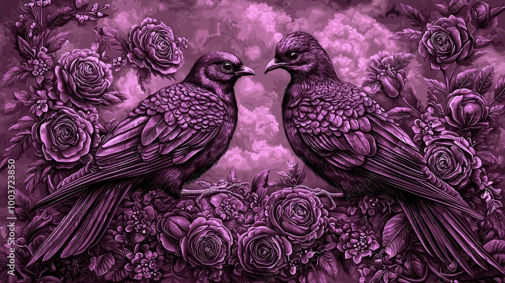 Obraz premium Two birds seated side by side against a purple backdrop Roses adjacent Sky dotted with clouds