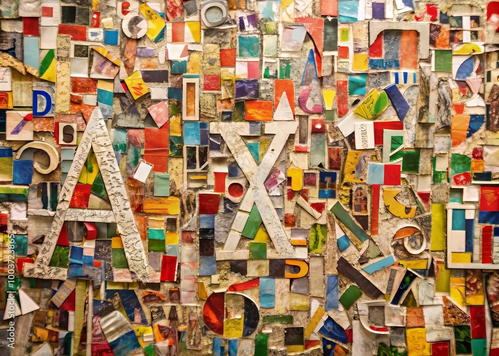 Colorful mosaic alphabet composed of torn newspaper clippings with ...