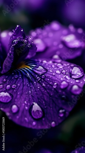  A tight shot of a purple bloom adorned with water droplets, alongside a green leaf in the foreground