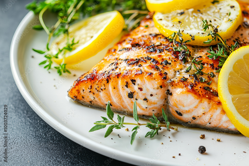 Grilled Salmon Fillet with Fresh Lemon Slices and Herbs on a White Plate - Perfect for Gourmet Healthy Seafood Recipes and Delicious Protein-Packed Meals Grilled Salmon Fillet with Fresh Lemon Slices and Herbs on a White Plate - Perfect for Gourmet Healthy Seafood Recipes and Delicious Protein-Packed Meals
