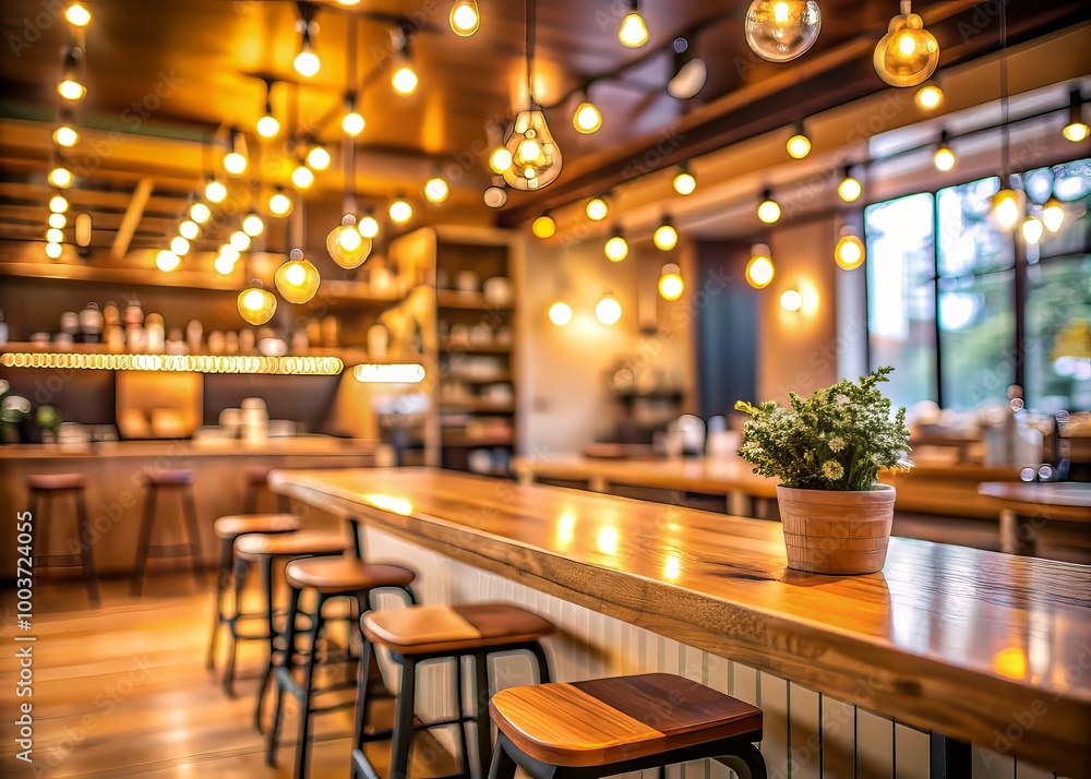 Cozy ambiance of a contemporary cafe with blurred background, soft bokeh lights, and a warm wooden bar counter, inviting a sense of relaxation and comfort. Cozy ambiance of a contemporary cafe with blurred background, soft bokeh lights, and a warm wooden bar counter, inviting a sense of relaxation and comfort.