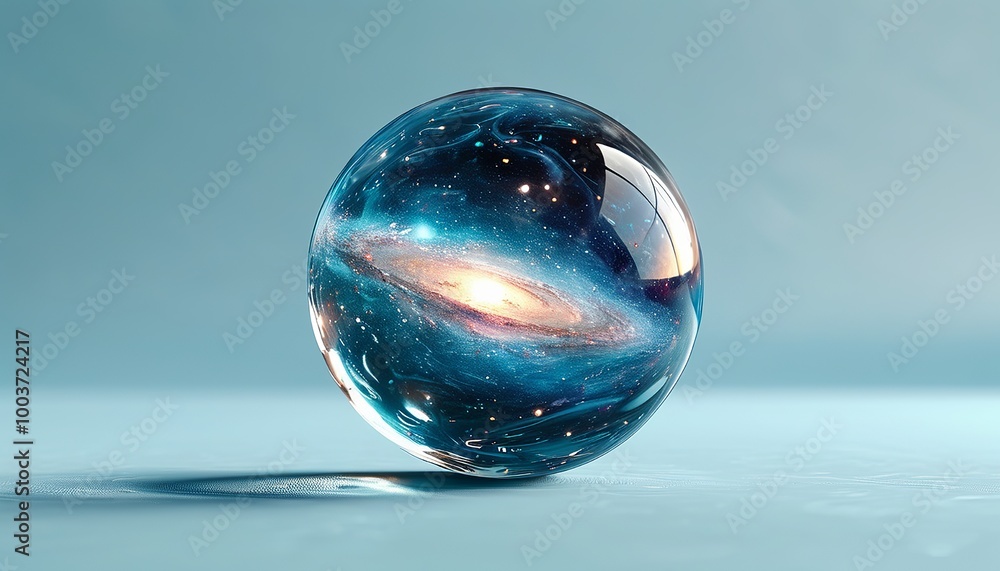 3D Abstract floating glass orb with swirling galaxies on a flat pastel blue surface. Made with generative AI technology 3D Abstract floating glass orb with swirling galaxies on a flat pastel blue surface. Made with generative AI technology