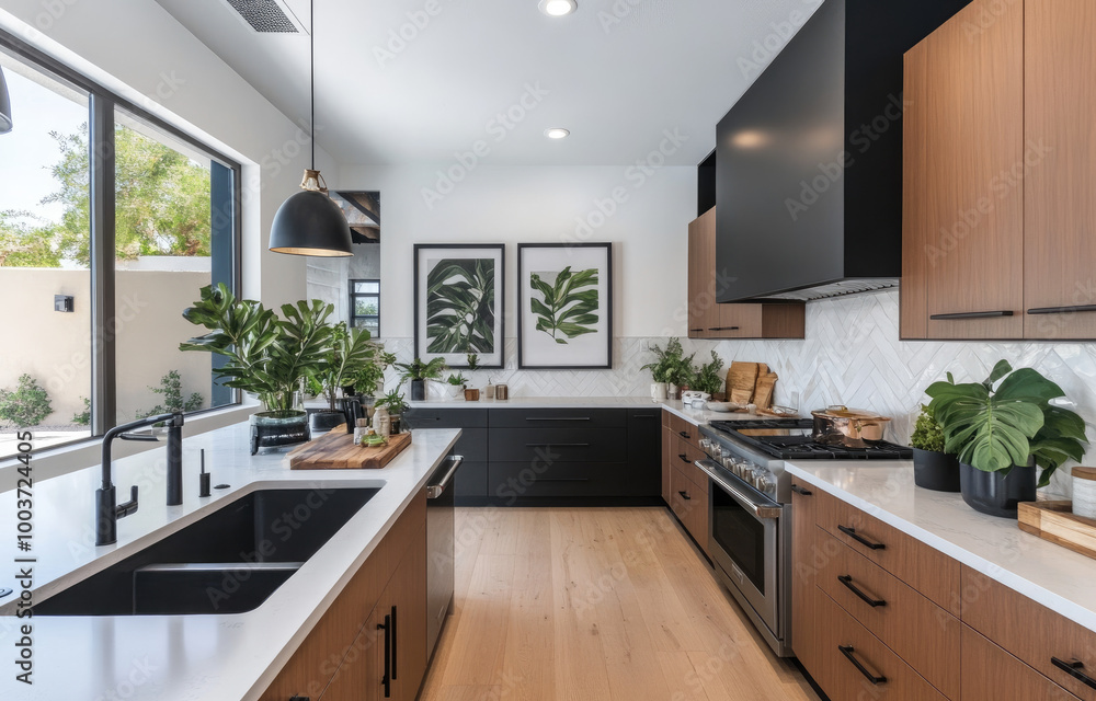 A modern kitchen with black accents, a window on the left side of the photo, and white walls with a dark brown accent wall. A modern kitchen with black accents, a window on the left side of the photo, and white walls with a dark brown accent wall.