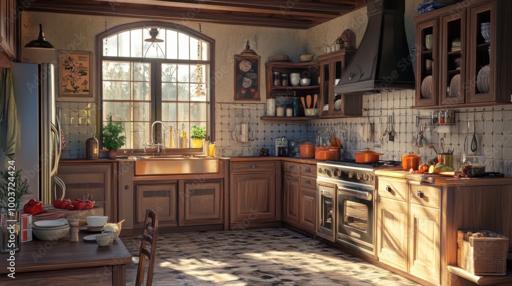 3D effect of a traditional kitchen with classic appliances, detailed wooden elements 3D effect of a traditional kitchen with classic appliances, detailed wooden elements