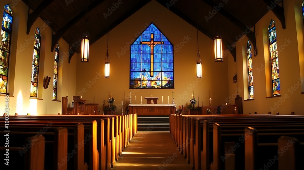 Fototapeta premium the interior of a church. It features a central aisle leading up to the altar, with rows of wooden pews on either side. The church is illuminated by warm lighting, and there are several hanging pendan