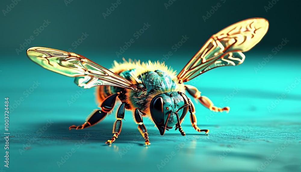 3D Abstract floating holographic bee with glowing wings against a flat turquoise surface. Made with generative AI technology 3D Abstract floating holographic bee with glowing wings against a flat turquoise surface. Made with generative AI technology