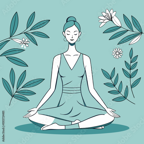 Serene woman meditating in a peaceful pose surrounded by leaves and flowers at a light blue background