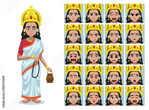 Brahmacharini Goddess Durga Cartoon Emotion faces Vector Illustration