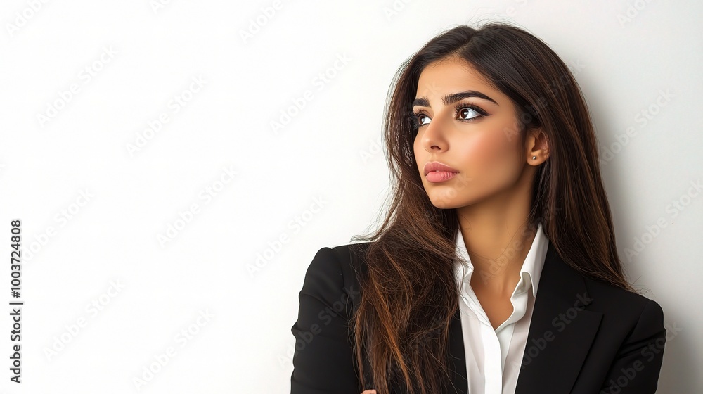 Professional Woman in Elegant Attire with Serious Expression Professional Woman in Elegant Attire with Serious Expression