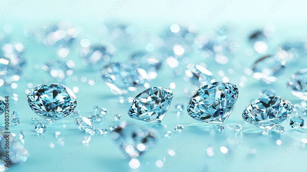 A group of diamonds aligned on a light blue surface, reflecting in its midst A group of diamonds aligned on a light blue surface, reflecting in its midst