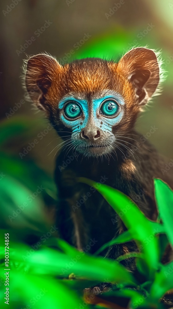 small monkey cub with crystal blue eyes with a hint of green, sitting amidst the dense foliage of a lush tropical jungle small monkey cub with crystal blue eyes with a hint of green, sitting amidst the dense foliage of a lush tropical jungle