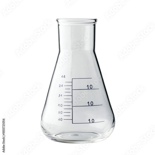 Laboratory glass flask, clear with measurement markings, isolated on white background.