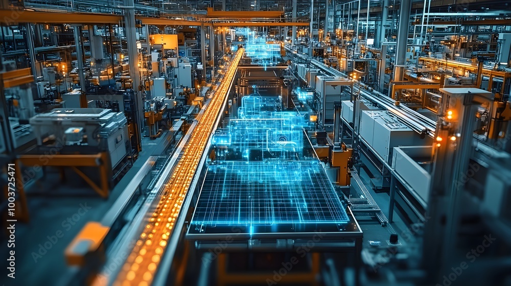 High-angle shot of a tech-savvy food factory, AI-powered inspection lines ensuring product quality, organized, high-efficiency systems in place High-angle shot of a tech-savvy food factory, AI-powered inspection lines ensuring product quality, organized, high-efficiency systems in place